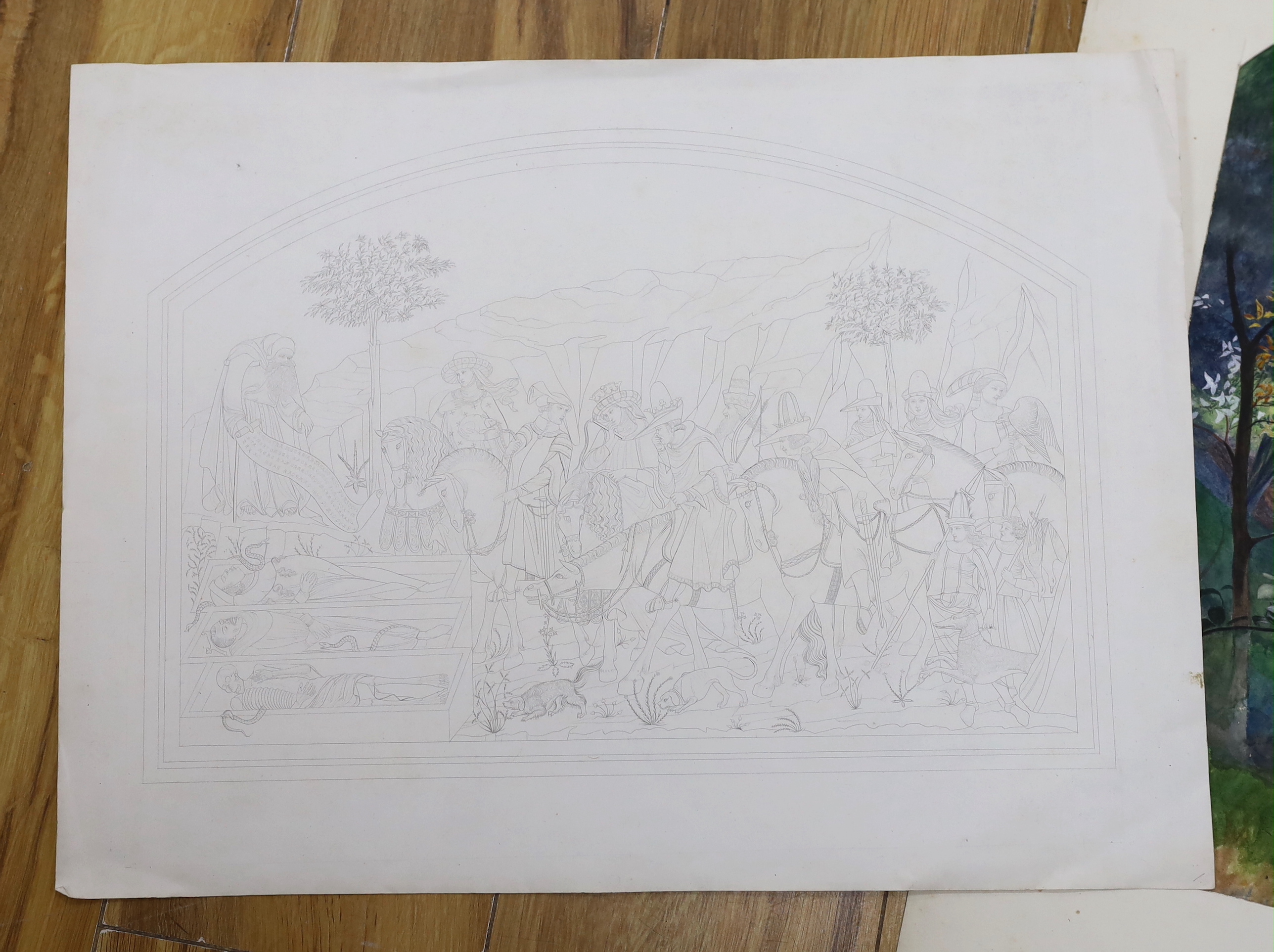 Early 19th century English School, pencil on card, Pastoral landscape with shepherd and sheep, initialled E C J, watercolour of woodland landscape and a medieval style print, unframed, largest 43 x 33cm
